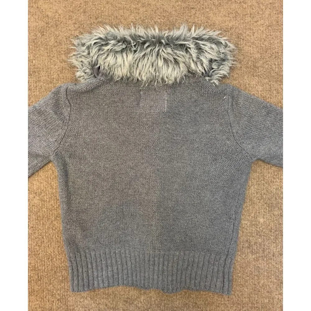 Vintage Justice Sweater Girls 8 Cardigan Fur Collar Cable Knit Toggle Button Y2K
